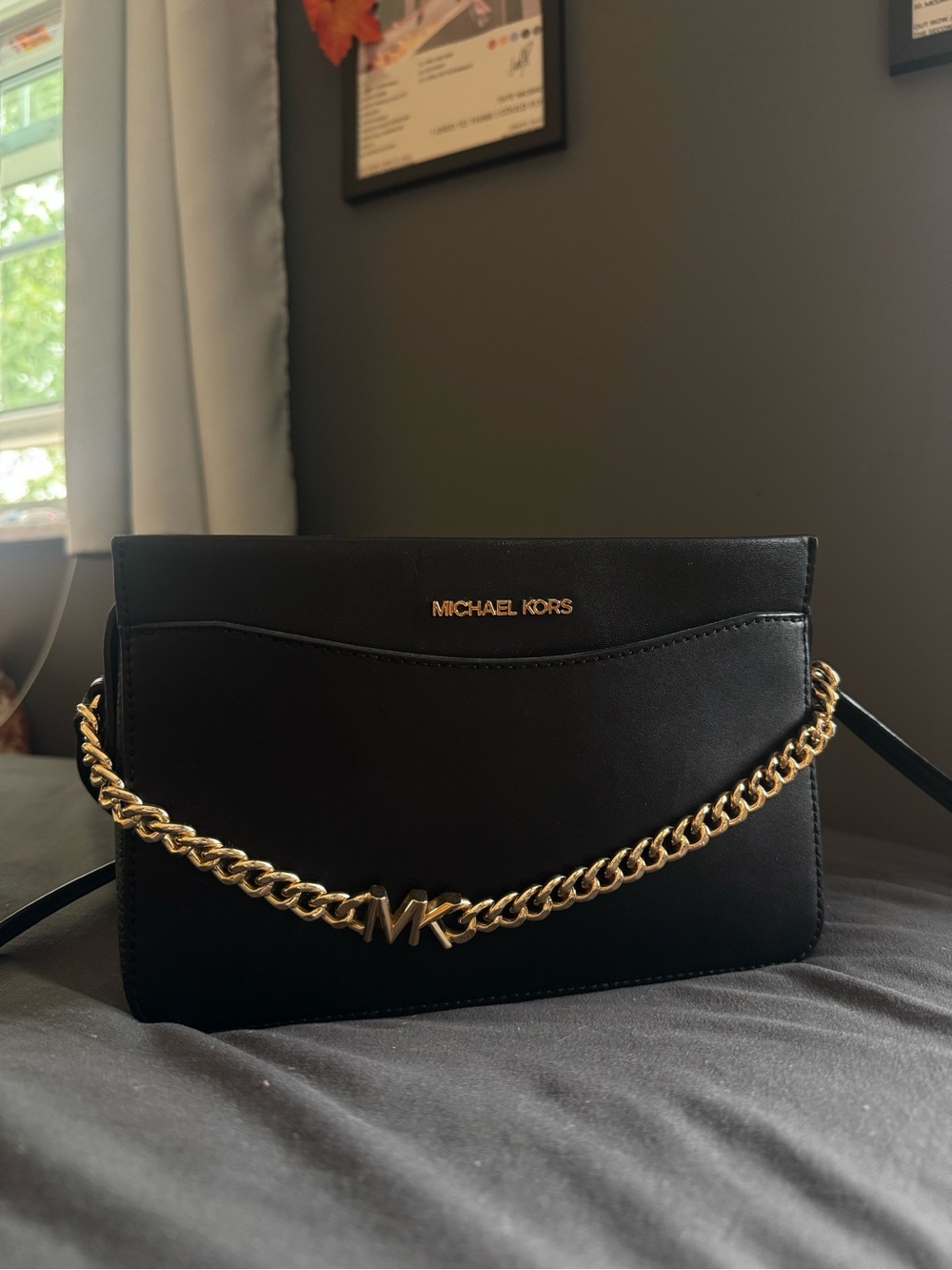 Michael Kors Black Leather Chain-Accent Crossbody Bag